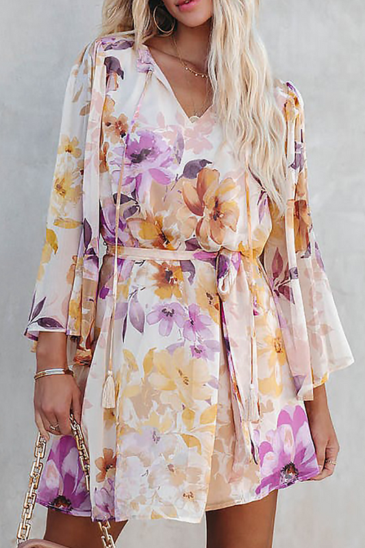 flowersverse Casual Print Patchwork V Neck Cake Skirt Dresses