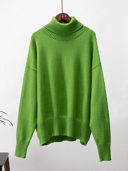 flowersverse Solid Color Long Sleeves Loose High Neck Sweater Tops Pullovers Knitwear