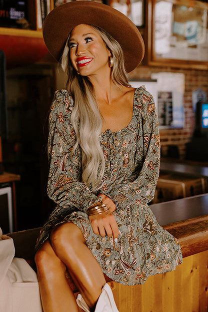 flowersverse Multicolour Floral Long Sleeve Frilled U-Neck Ruffled Dress