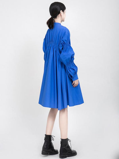 flowersverse Blue Loose Pleated Cropped Blouse Dress