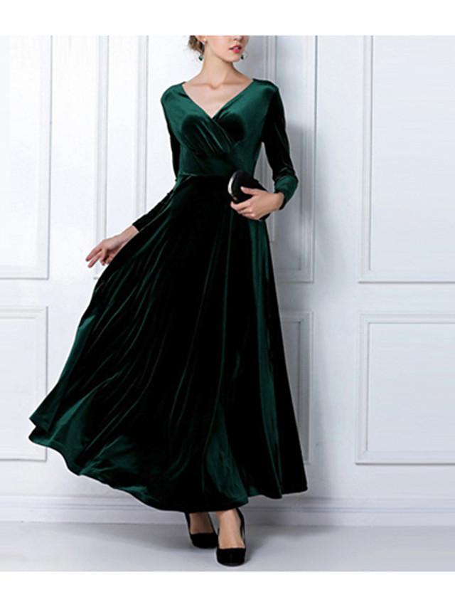 flowersverse Women's Sheath Dress Maxi Long Dress Black Purple Wine Green Royal Blue Long Sleeve Solid Colored V Neck Hot Velvet / Plus Size