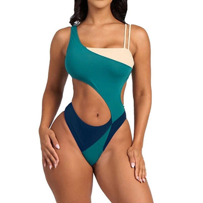 flowersverse Women's Swimwear One Piece Normal Swimsuit Cut Out Printing Color Block Blue Bathing Suits Sports Summer