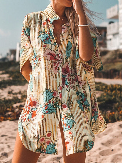 flowersverse Women's Shirt Dress Beach Dress Beach Wear Mini Dress Print Casual Floral Turndown Short Sleeve Loose Fit Outdoor Daily Blue  Spring Summer One Size