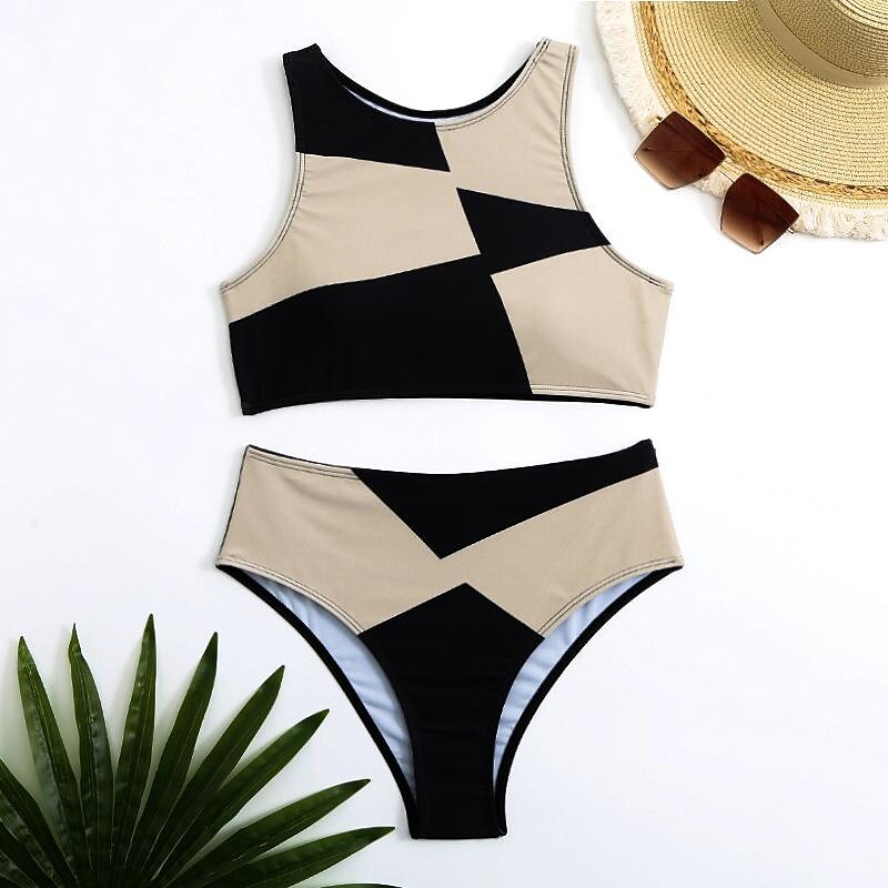 flowersverse Women's Swimwear Bikini Normal Swimsuit 2 Piece Printing Color Block Green Khaki Bathing Suits Sports Summer