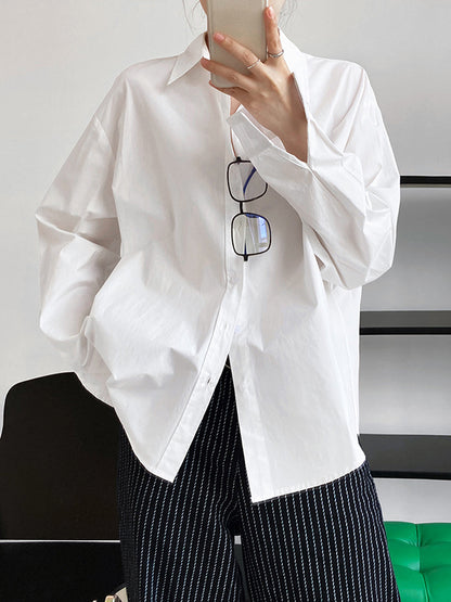 flowersverse Simple Loose Long Sleeves Buttoned Solid Color Lapel Collar Blouses&Shirts Tops