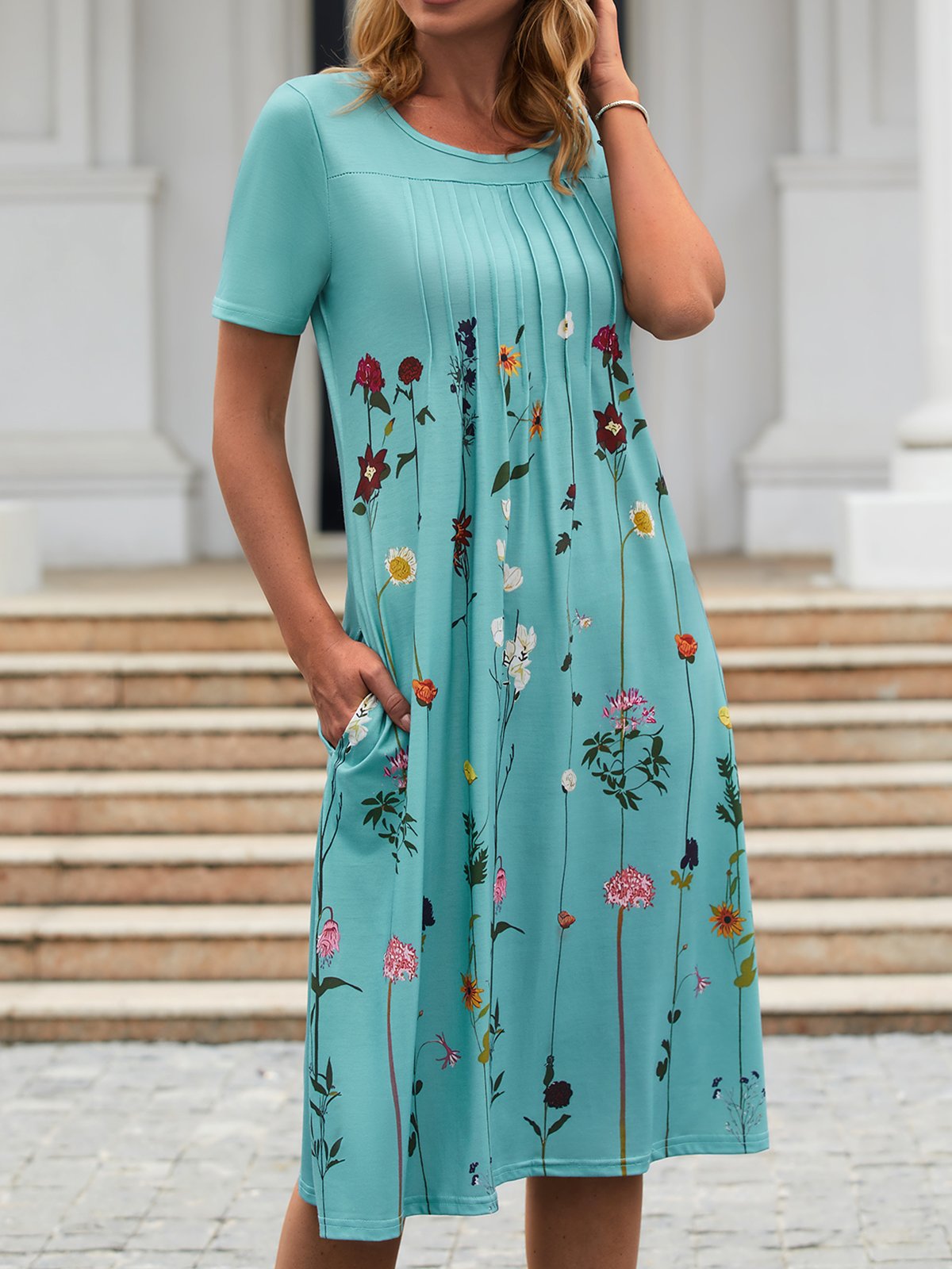 flowersverse Floral Tunic Round Neckline Midi A-line Dress