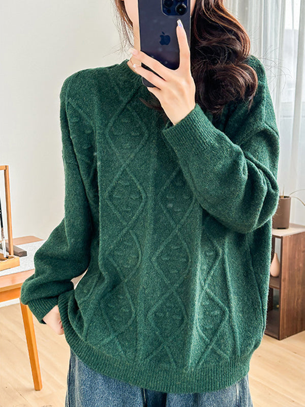 flowersverse Simple Loose Long Sleeves Jacquard Solid Color Round-Neck Sweater Tops