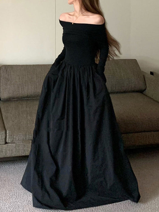 flowersverse Long Sleeves Pleated Solid Color Split-Joint Off-The-Shoulder Maxi Dresses