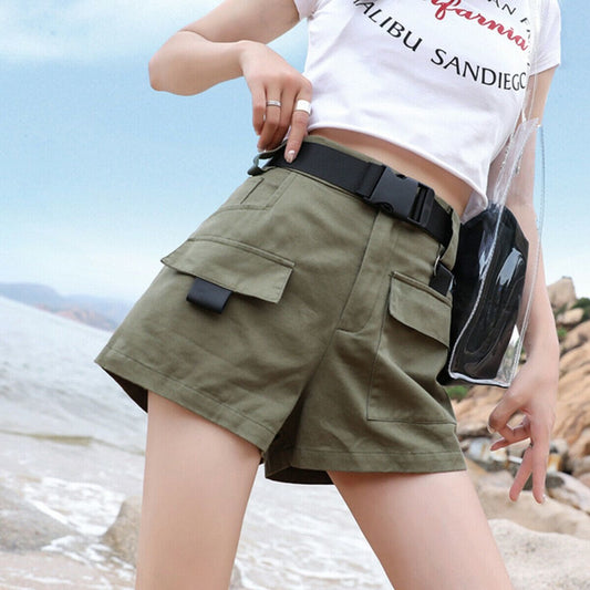 flowersverse New Women Cargo High Waist Shorts Cotton Overalls Fashion Ladies Casual Multi-pockets Breathable Loose Trouser Plus Size