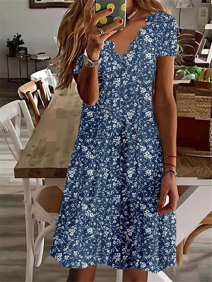 flowersverse Women's Casual Dress Shift Dress Midi Dress White Navy Blue Blue Short Sleeve Floral Print Spring Summer V Neck Vacation  S M L XL XXL 3XL