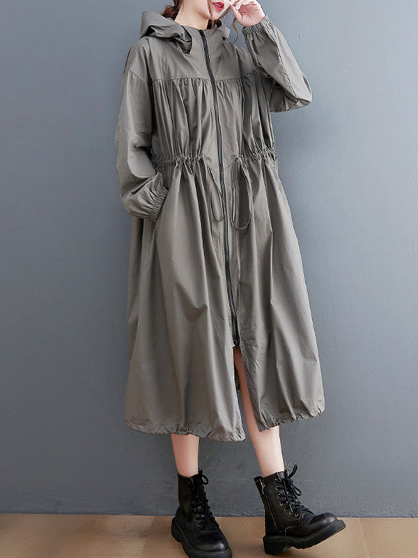 flowersverse Casual Loose Solid Color Zipper Drawstring Long Sleeves Hooded Trench Coat