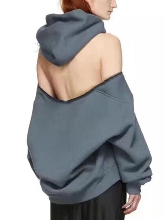 flowersverse Casual Loose Long Sleeves Hollow Solid Color Hoodies Tops