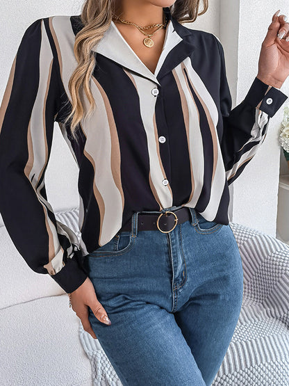 flowersverse Buttoned Contrast Color Printed Long Sleeves Loose Notched Collar Blouses&Shirts Tops