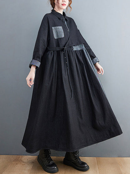 flowersverse Original Loose Denim Split-Joint Tied Lapel Collar Long Sleeves Midi Dress