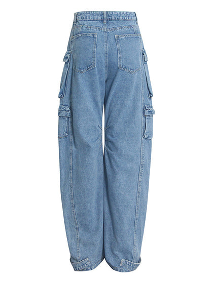 flowersverse Pleated Pockets Split-Joint Streamer Loose Jean Pants Bottoms