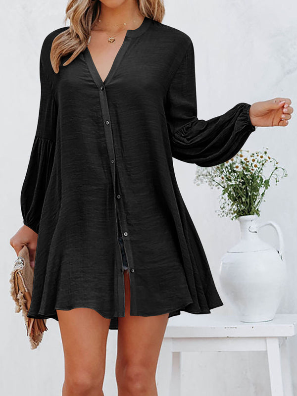 flowersverse Stitching Casual Loose Cardigan Button Puff Sleeve Dress