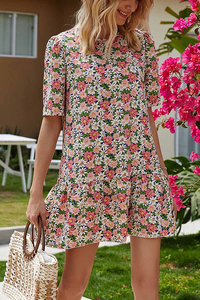 flowersverse Round Neck Ruffled Floral Dress