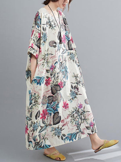 flowersverse Vintage Floral Round-Neck Dress