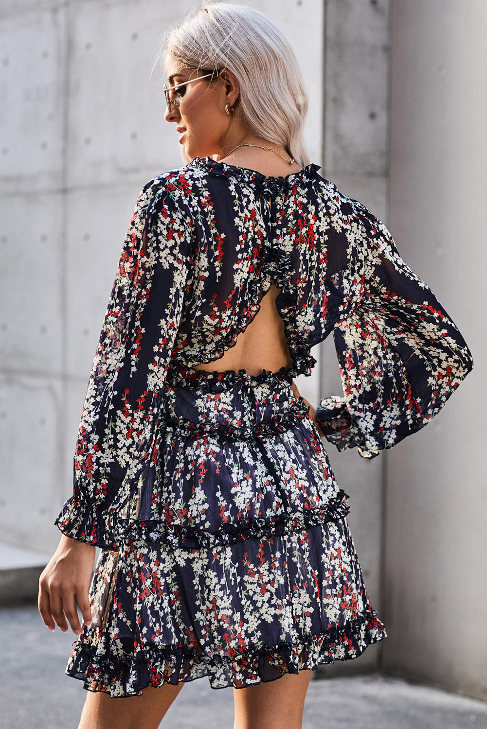 flowersverse Classy Floral Frill Trim Plunge Flounce Sleeve Mini Dress