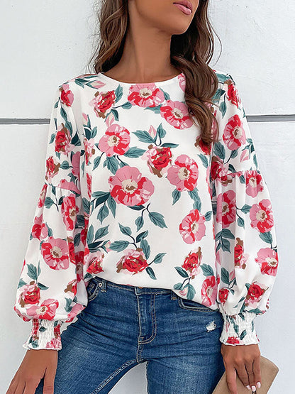 flowersverse Elasticity Flower Print Long Sleeves Loose Round-Neck Blouses&Shirts Tops