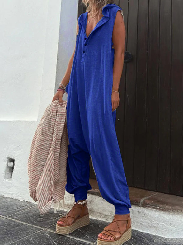 flowersverse Buttoned Loose Sleeveless V-neck Jumpsuits