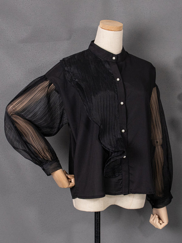 flowersverse Asymmetric Buttoned See-Through Solid Color Split-Joint Long Sleeves Loose Stand Collar Blouses&shirts Tops