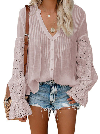 flowersverse Button Lace Flare Blouse