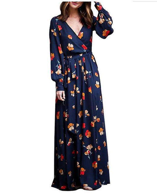 flowersverse Women's Chiffon Dress Maxi Long Dress Long Sleeve Floral Split Print Spring Casual Linen Royal Blue Black Dresses