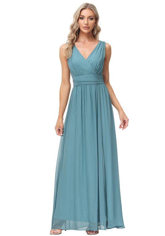 flowersverse Women's chiffon long dress double v-neck sleeveless a swing evening dress