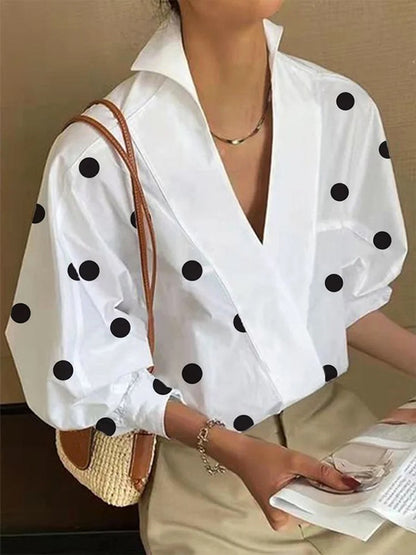 flowersverse Loose Puff Sleeves Polka-Dot Lapel Collar Blouses&Shirts Tops