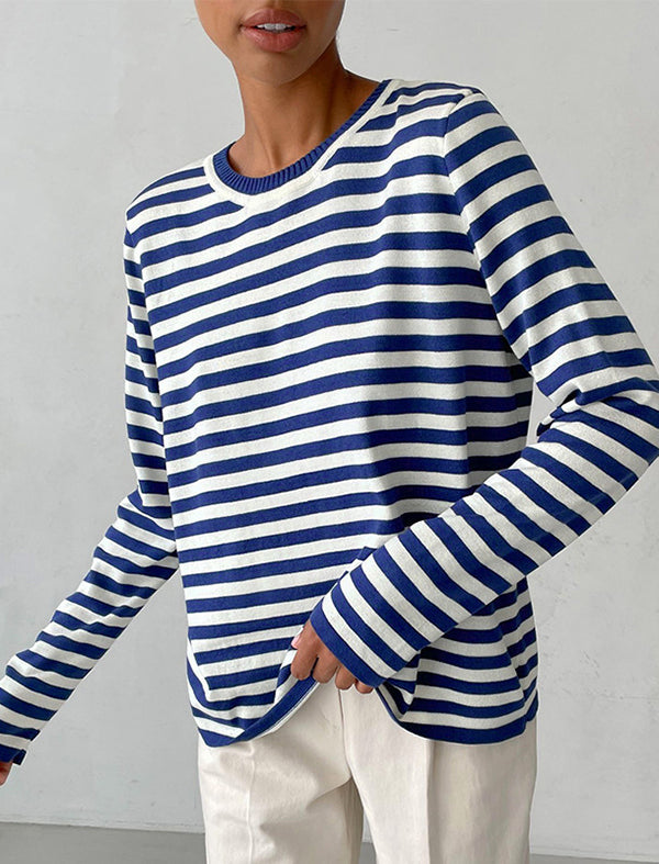 flowersverse Split-Joint Striped Long Sleeves Loose Round-Neck Sweater Tops