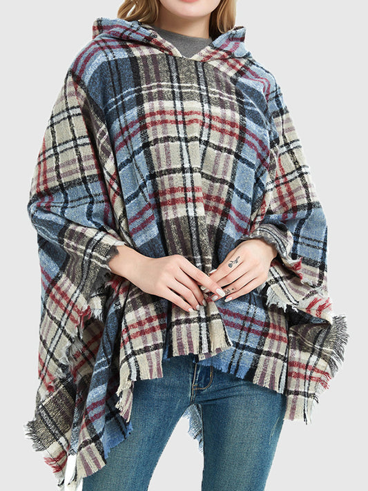 flowersverse Fringed Hooded Keep Warm Plaid Shawl&Cloak Cape