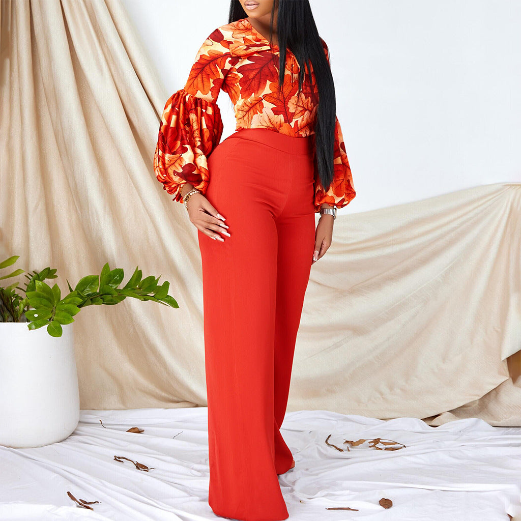 flowersverse Plus Size Women's Fashion Print Lace-Up Top Wide Leg Pants Two-Piece Set