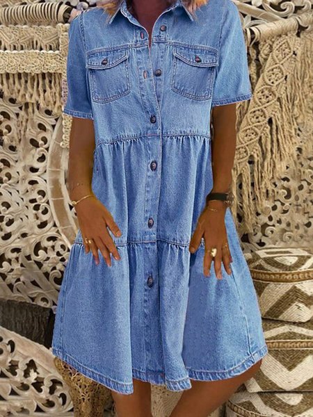 flowersverse Denim Daily Casual Shirt Collar Short Sleeve Buttoned Pockets A-line Weaving Dress