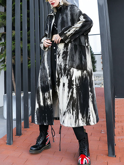 flowersverse Drawstring Split-Joint Zipper Long Sleeves Loose Round-Neck Trench Coats