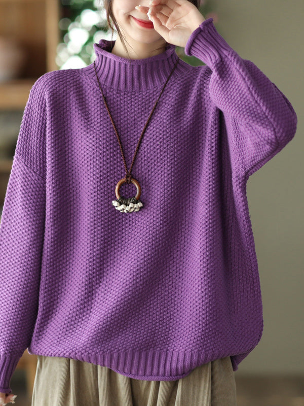 flowersverse Vintage Long Sleeves Loose Solid Color High-Neck Sweater Tops