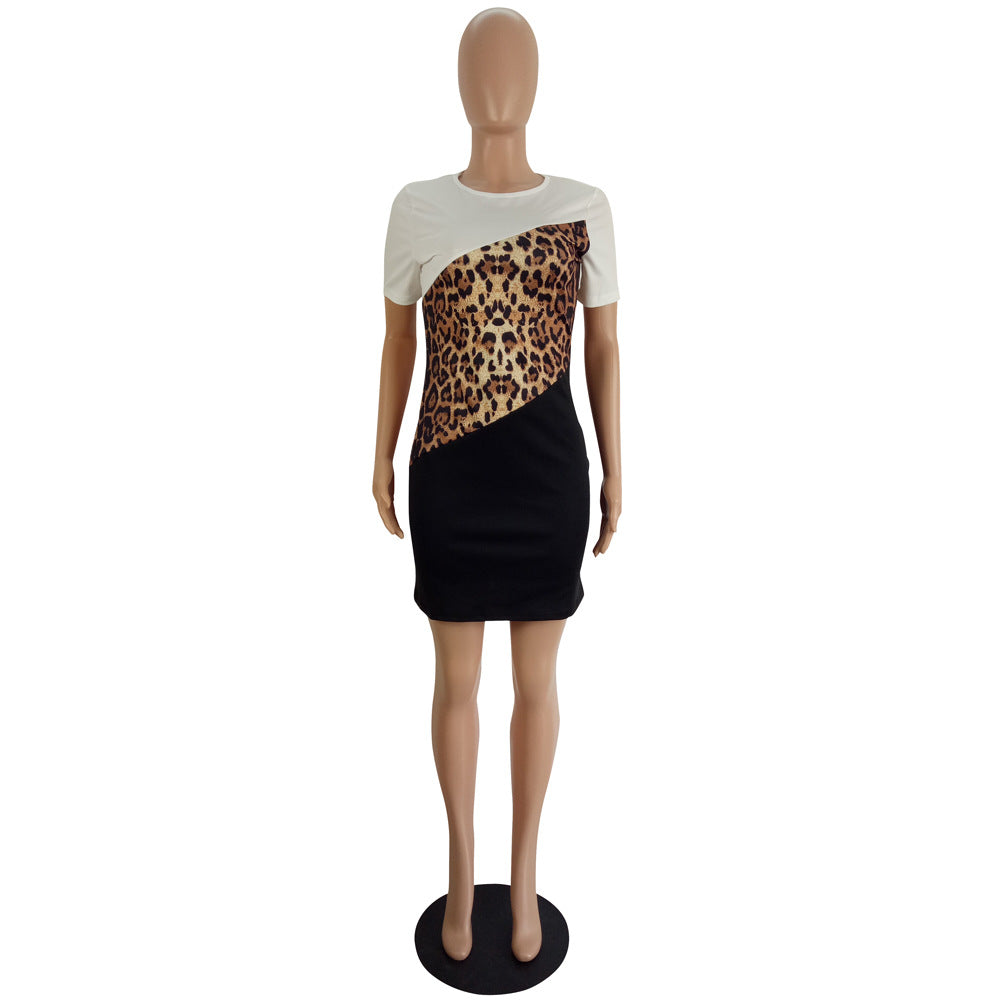 flowersverse Womens Casual Style Leopard Color Block Patchwork Dress