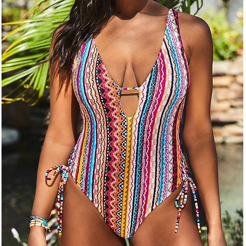 flowersverse Women's Swimwear One Piece Normal Swimsuit Printing Striped Red Bodysuit Bathing Suits Sports Summer