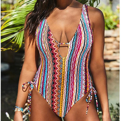 flowersverse Women's Swimwear One Piece Normal Swimsuit Printing Striped Red Bodysuit Bathing Suits Sports Summer