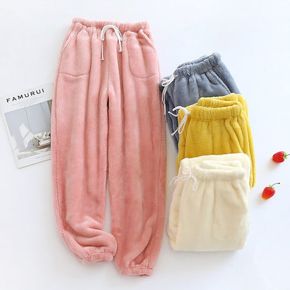 flowersverse Women‘s Winter Loungewear Bottom Nighty Pure Color Fashion Comfort Plush Home Street Airport Flannel Warm Long Pant Pant Pocket Spring Fall Blue Pink