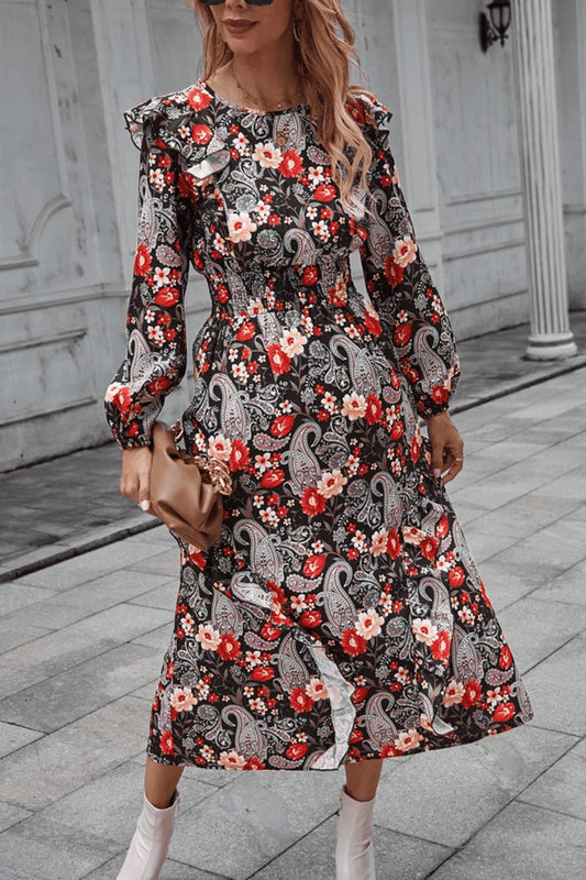 flowersverse Chic Floral Round Neck Long Sleeve Ruffle Midi Dress