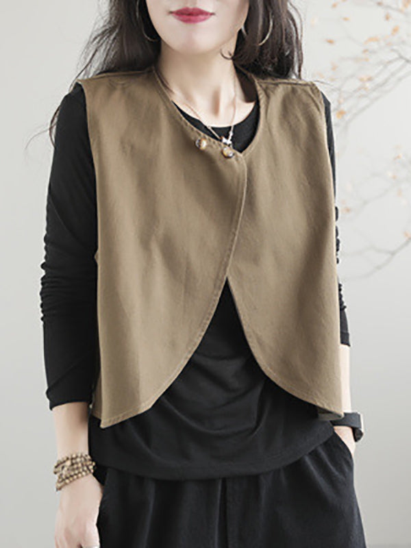 flowersverse Artistic Retro Loose Sleeveless Solid Color Round-Neck Vest Outerwear