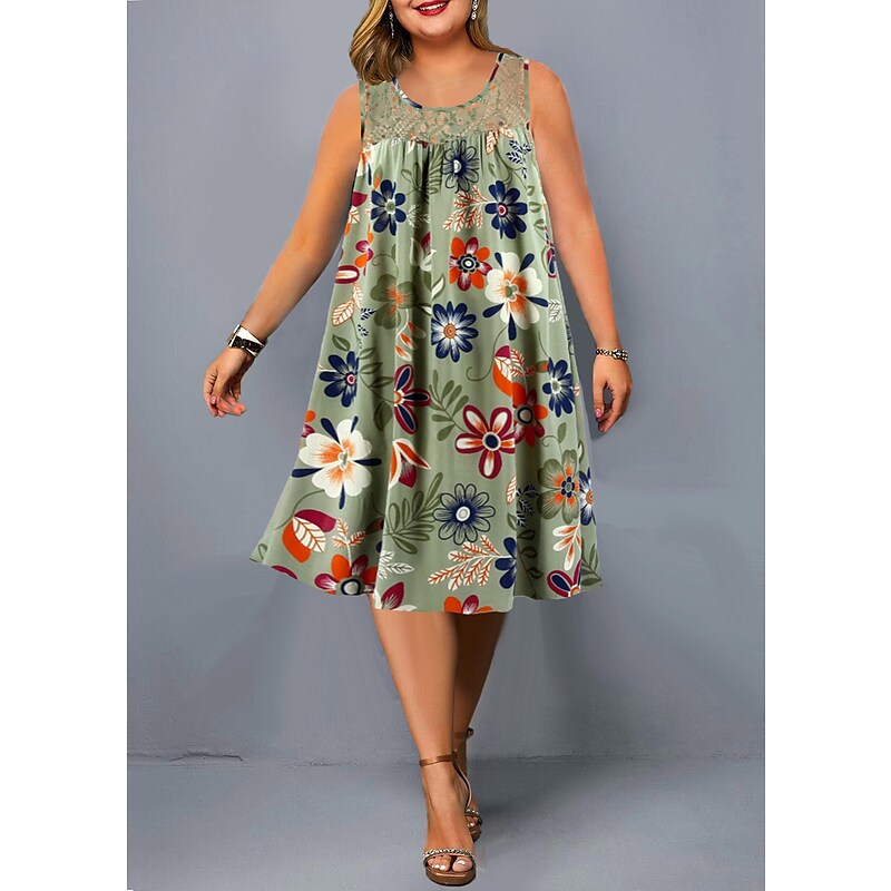 flowersverse Women's Plus Size Curve A Line Dress Floral Round Neck Lace Sleeveless Spring Summer Casual Knee Length Dress Causal Daily Dress / Print