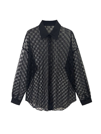 flowersverse See-Through Long Sleeves Loose Lapel Blouses&Shirts Tops