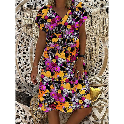 flowersverse Women's Casual Dress Print Dress Loose Dress Floral Print V Neck Midi Dress Active Fashion Outdoor Daily Short Sleeve Regular Fit Black Yellow Blue Spring Summer S M L XL XXL