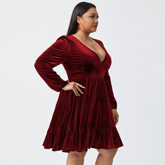 flowersverse Plus Size Short Skirt Women's V-neck Waist-controlled Slimming Long Sleeve Sexy Dress