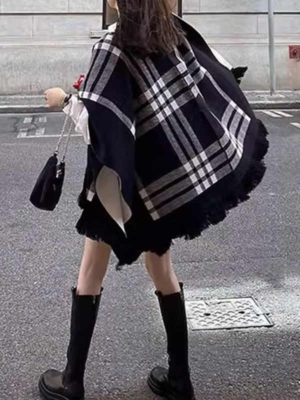 flowersverse Contrast Color Plaid Split-Joint Long Sleeves Loose V-Neck Cape