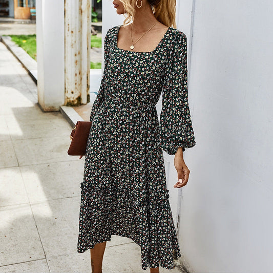 flowersverse Retro Ladies Square Collar Floral Long Dress Autumn Winter Women High Waist Full Sleeve Elegant Chic Dress