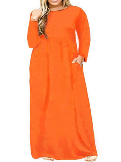 flowersverse Women's Plus Size Casual Dress T Shirt Dress Tee Dress Solid Color Long Dress Maxi Dress Long Sleeve Pocket Crew Neck Classic Daily Navy Blue Orange Winter Fall L XL 3XL 4XL 5XL