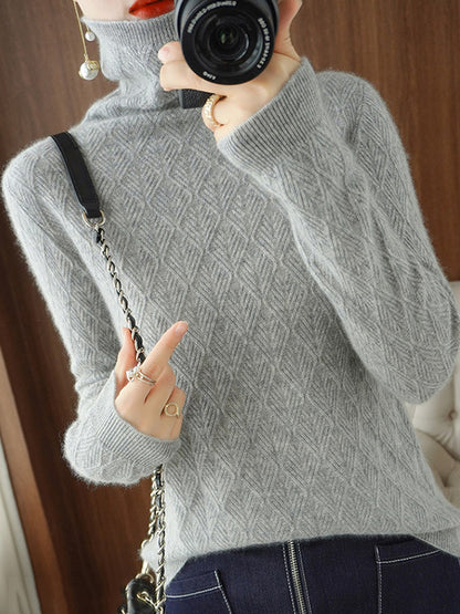 flowersverse Solid Color Long Sleeves High-Neck Sweater Tops